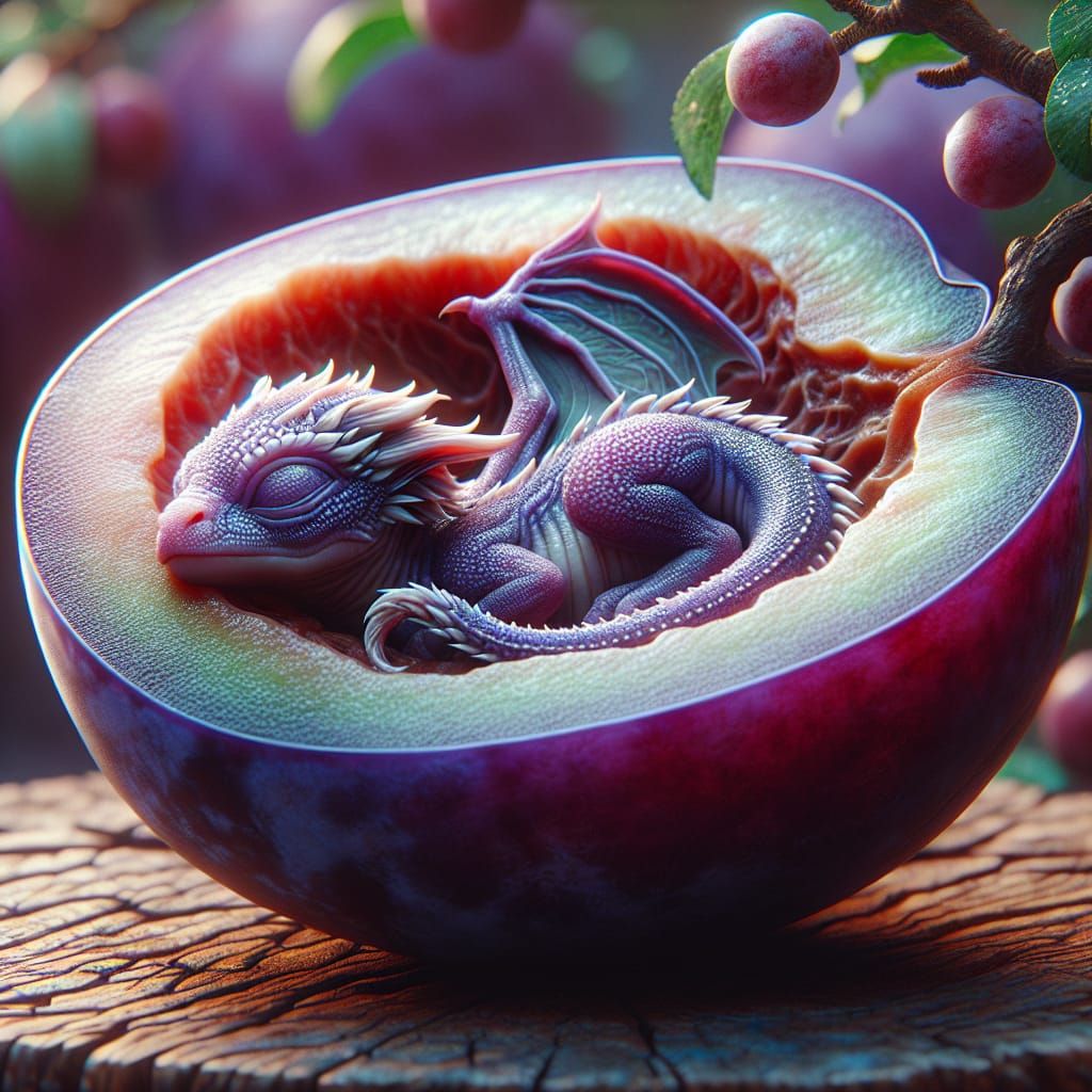 Baby Purple Dragon Sleeping Inside a Plum