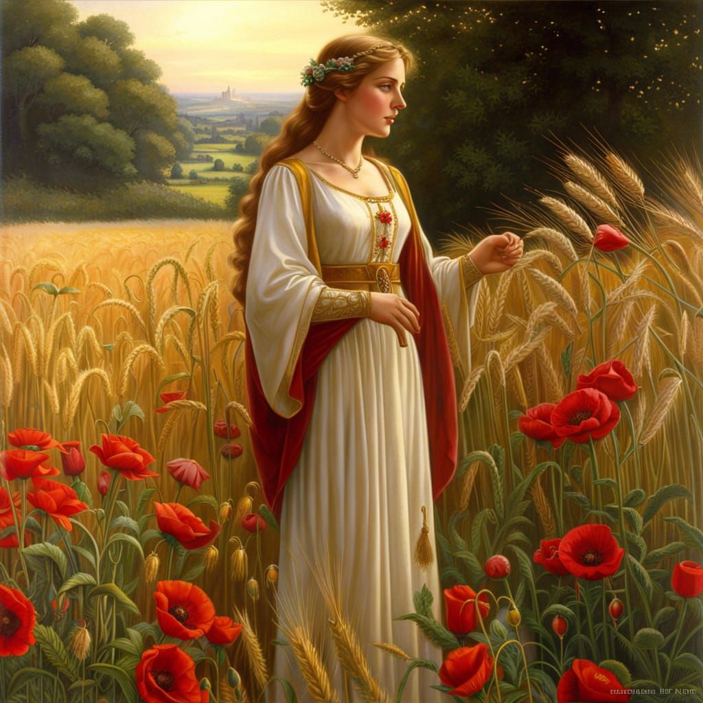 Medieval Maiden in Summer Poppy Field