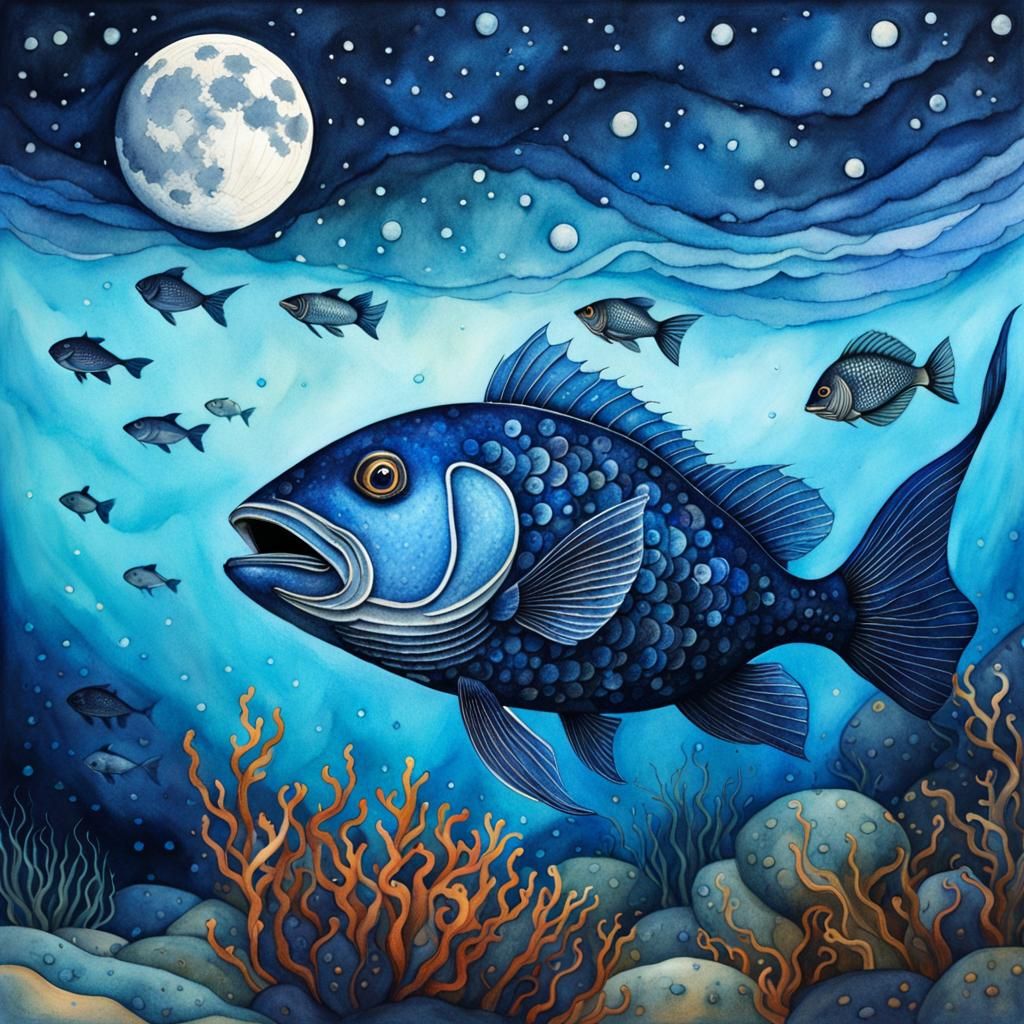 Watercolor Fish Under Moonlight in Deep Blue Hues