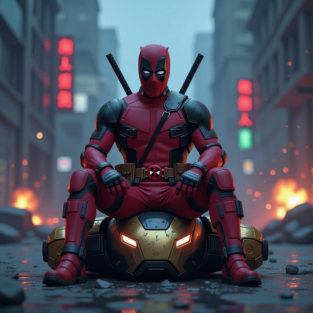Deadpool on Iron Man Armor in Gritty Metropolis