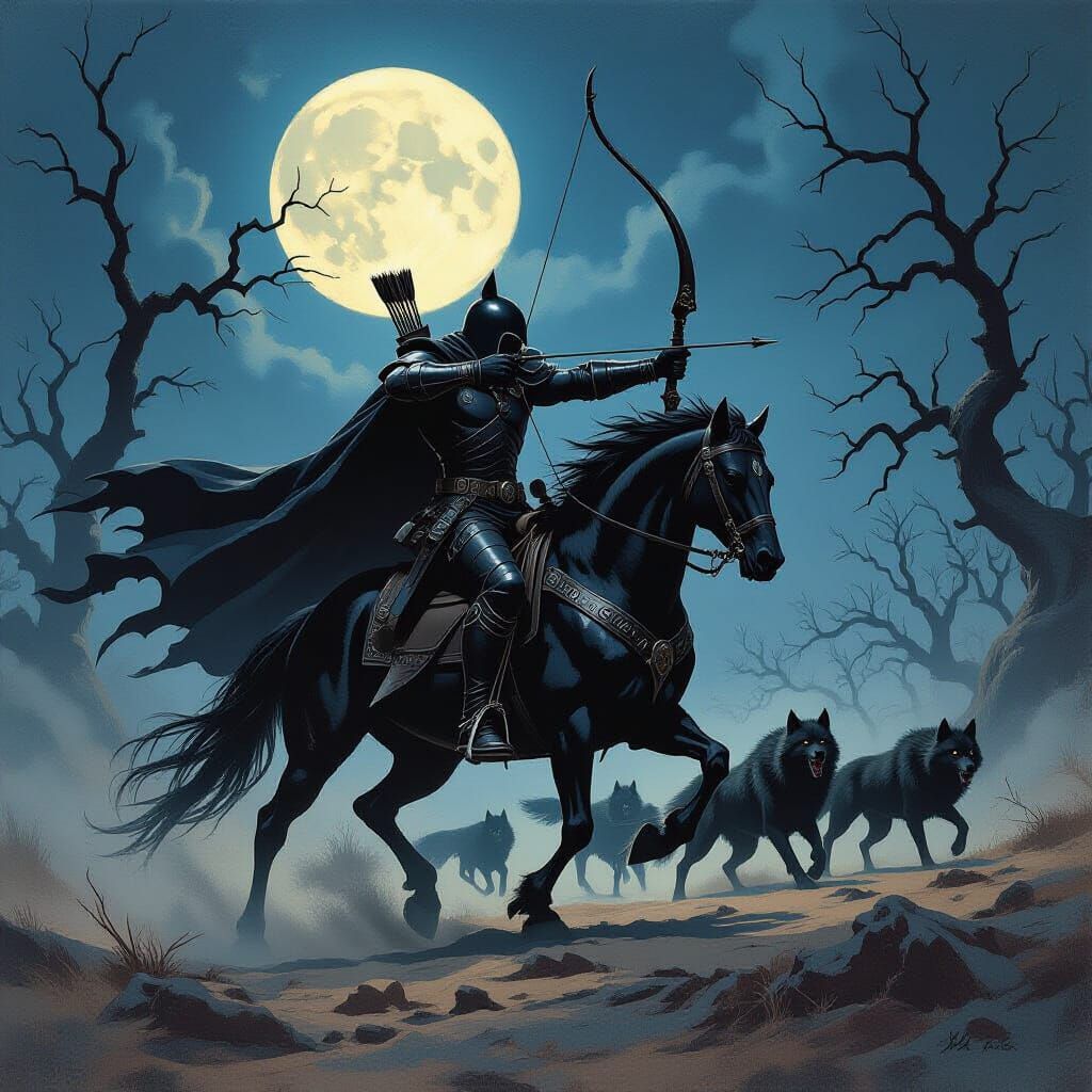 Black Knight Hunts Wolves Under Moonlight