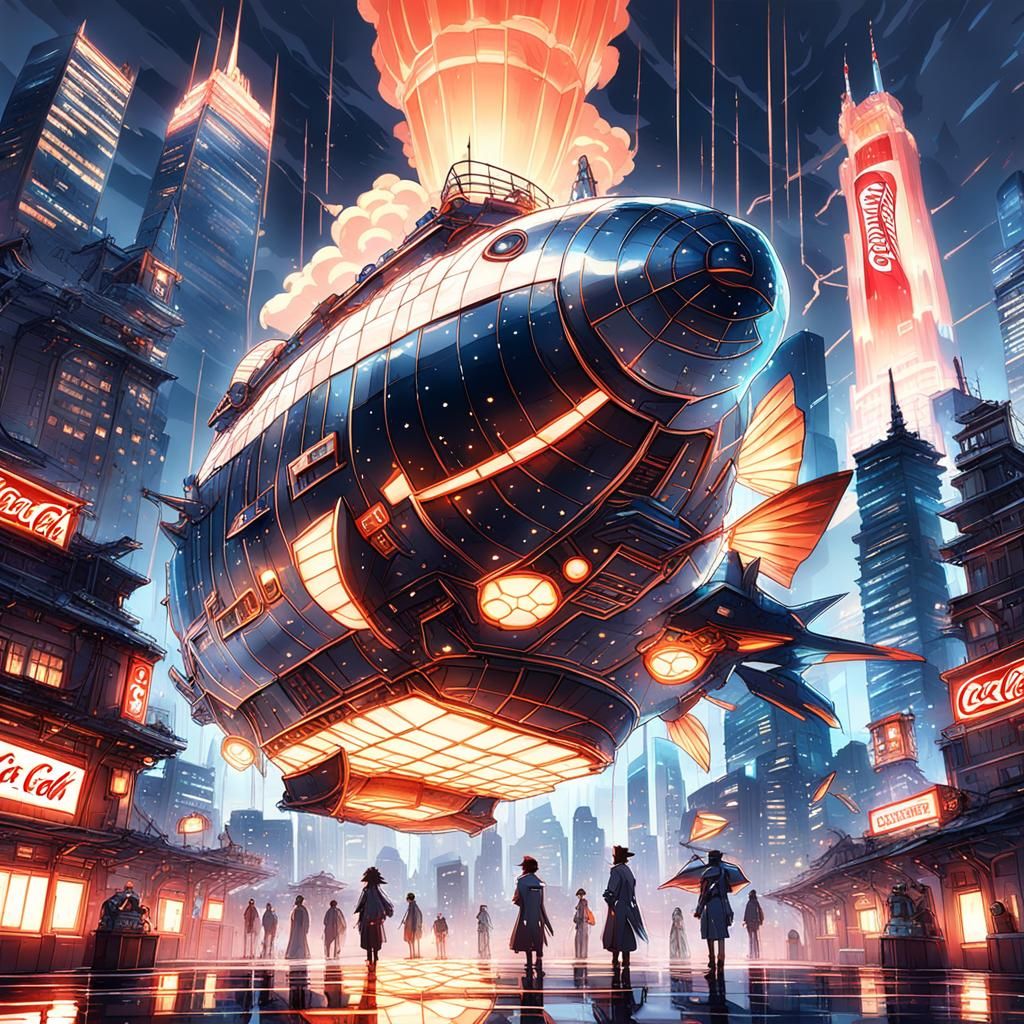 Koi Airship over Neon Cityscape in Anime Style