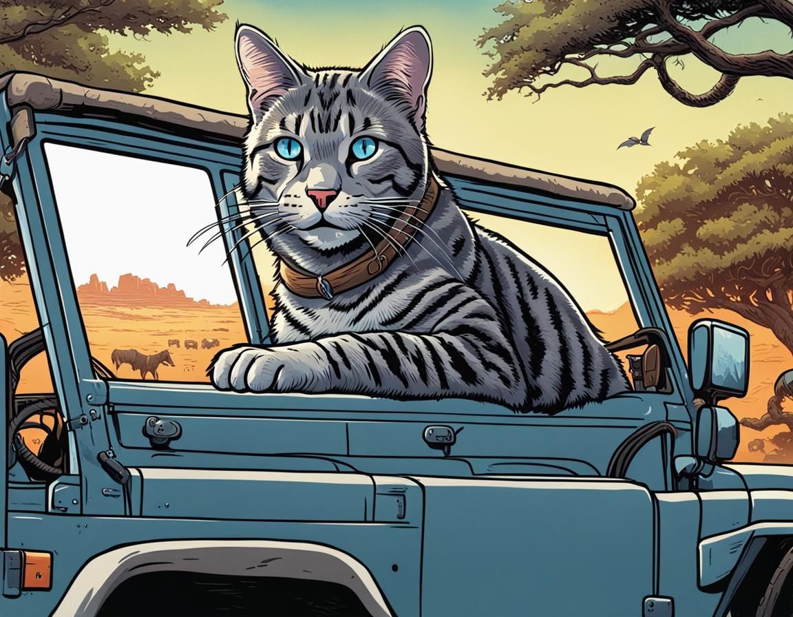 Grey tabby cat riding in jeep on safari