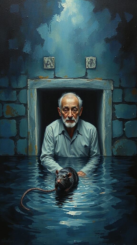 Surreal Abstract Oil Painting of a Sad Man in Dungeon