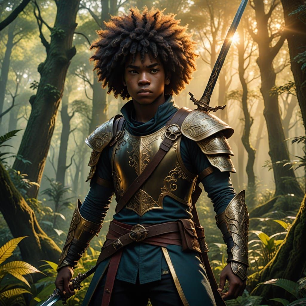 African American Hero in Vibrant Fantasy Landscape
