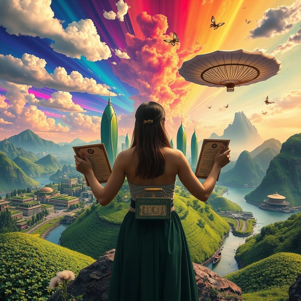 Futuristic City Landscape with Rainbow Pop Art Sky