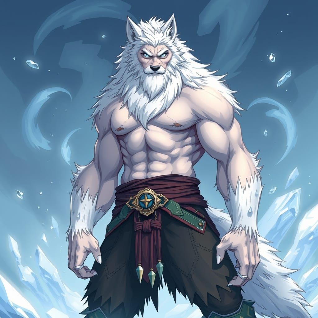 Tall, Lean Wolf Man in Viking Style Pants, Surrounded by Ice...