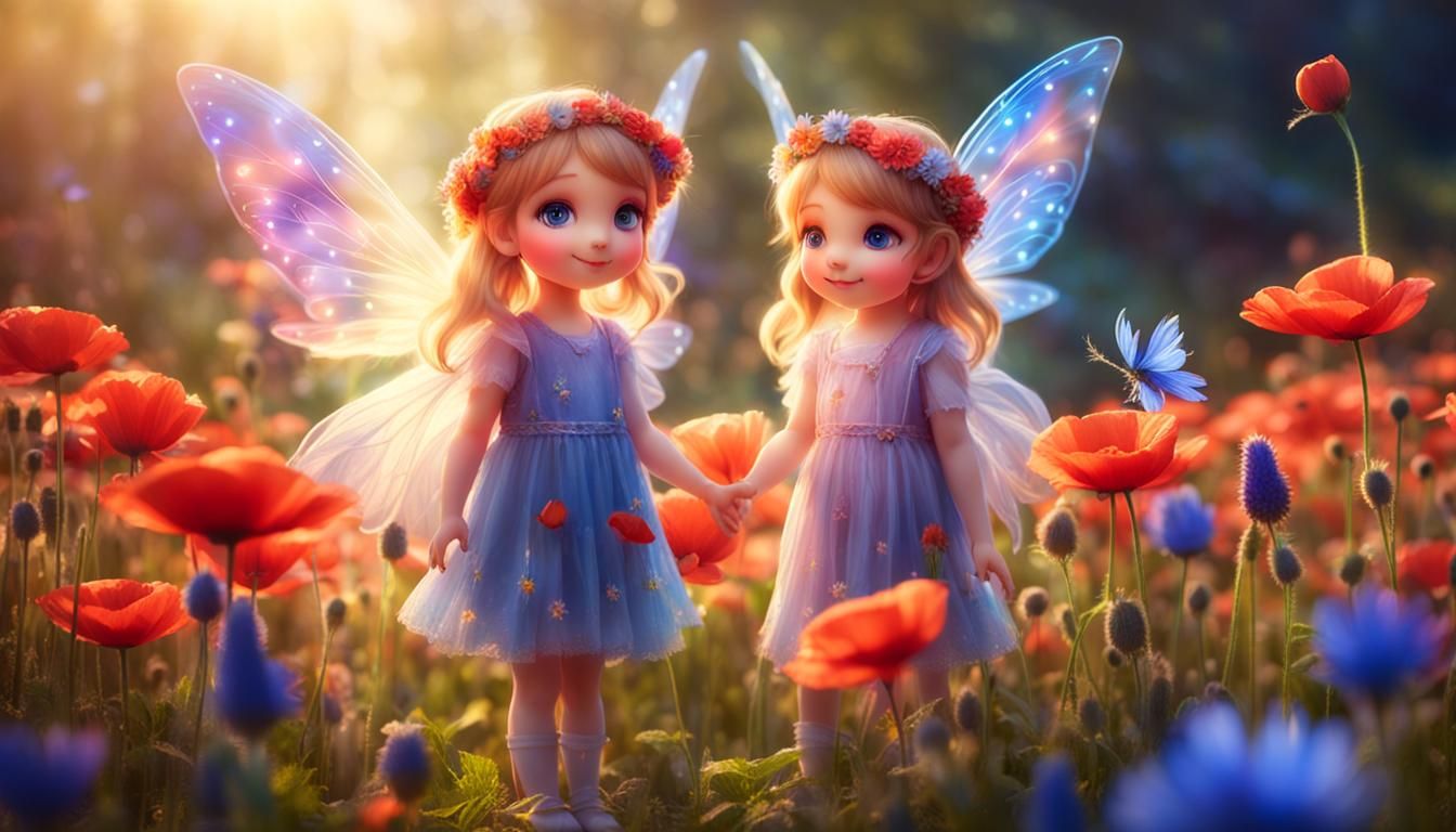 Smiling Flower Fairies by Waterfall with Poppies