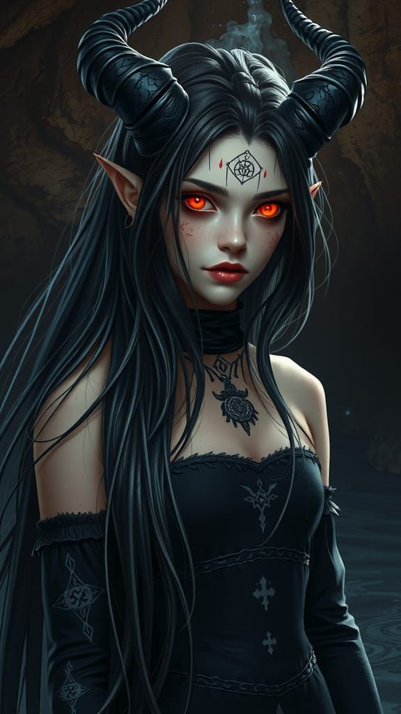 Demon Woman with Red Eyes in Dark Grotto