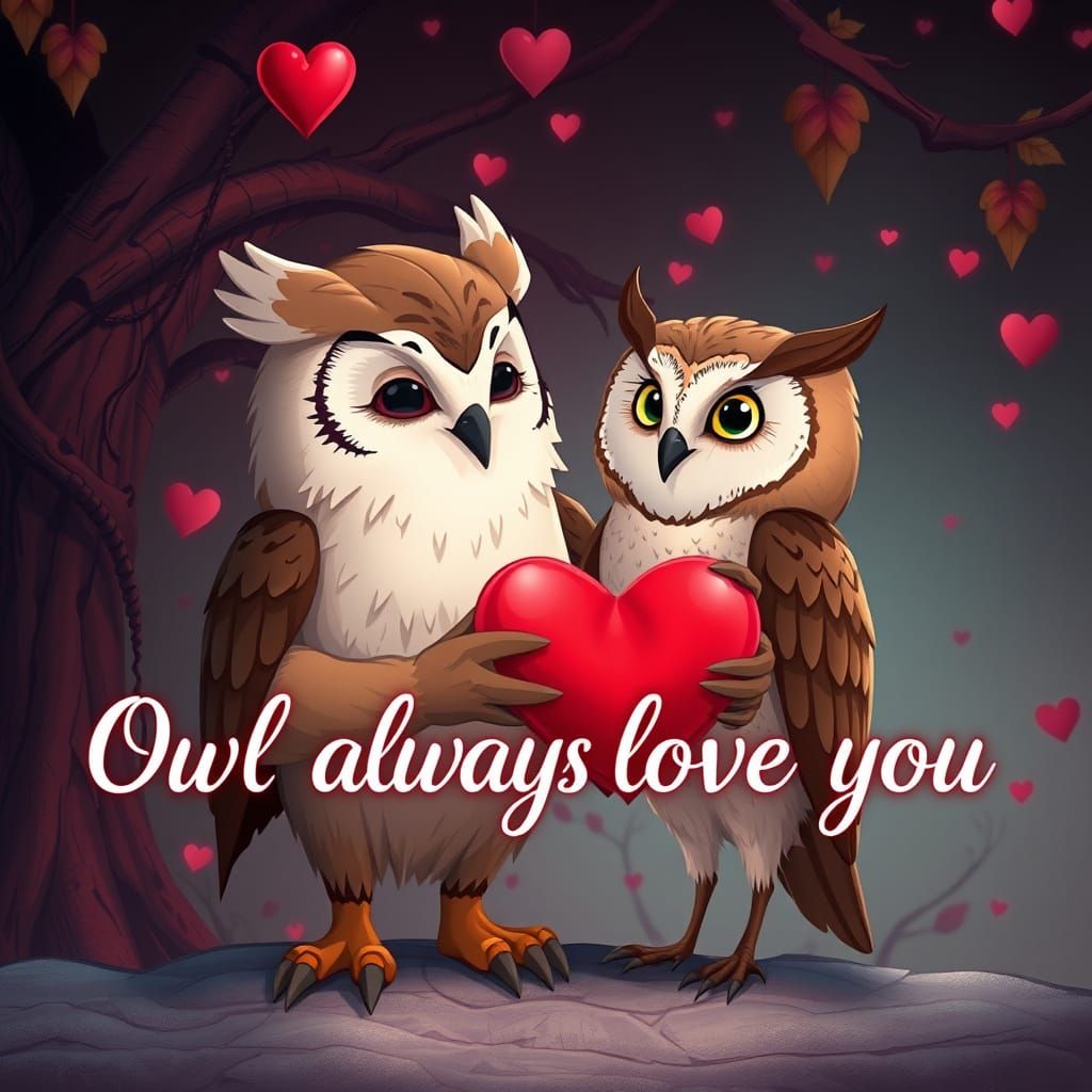 Charming Owl Couple in Whimsical Valentine's Day Scene