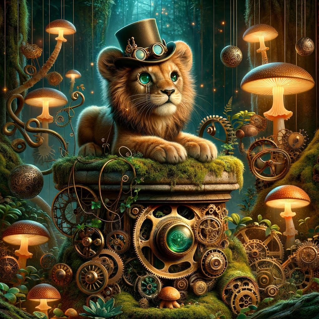 Steampunk Lion Cub in Enchanted Forest, Pop Art Hues