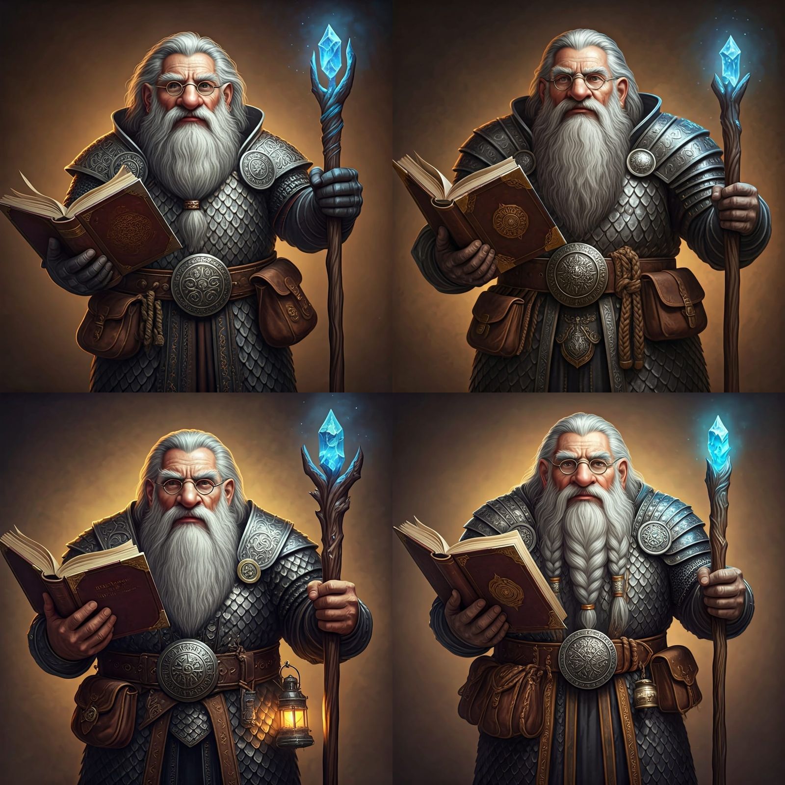 Dwarven Wizard in Silver Armor with Spellbook and Staff