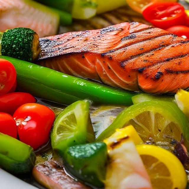 Grilled Salmon with Vegetables: Photorealistic Macro Shot