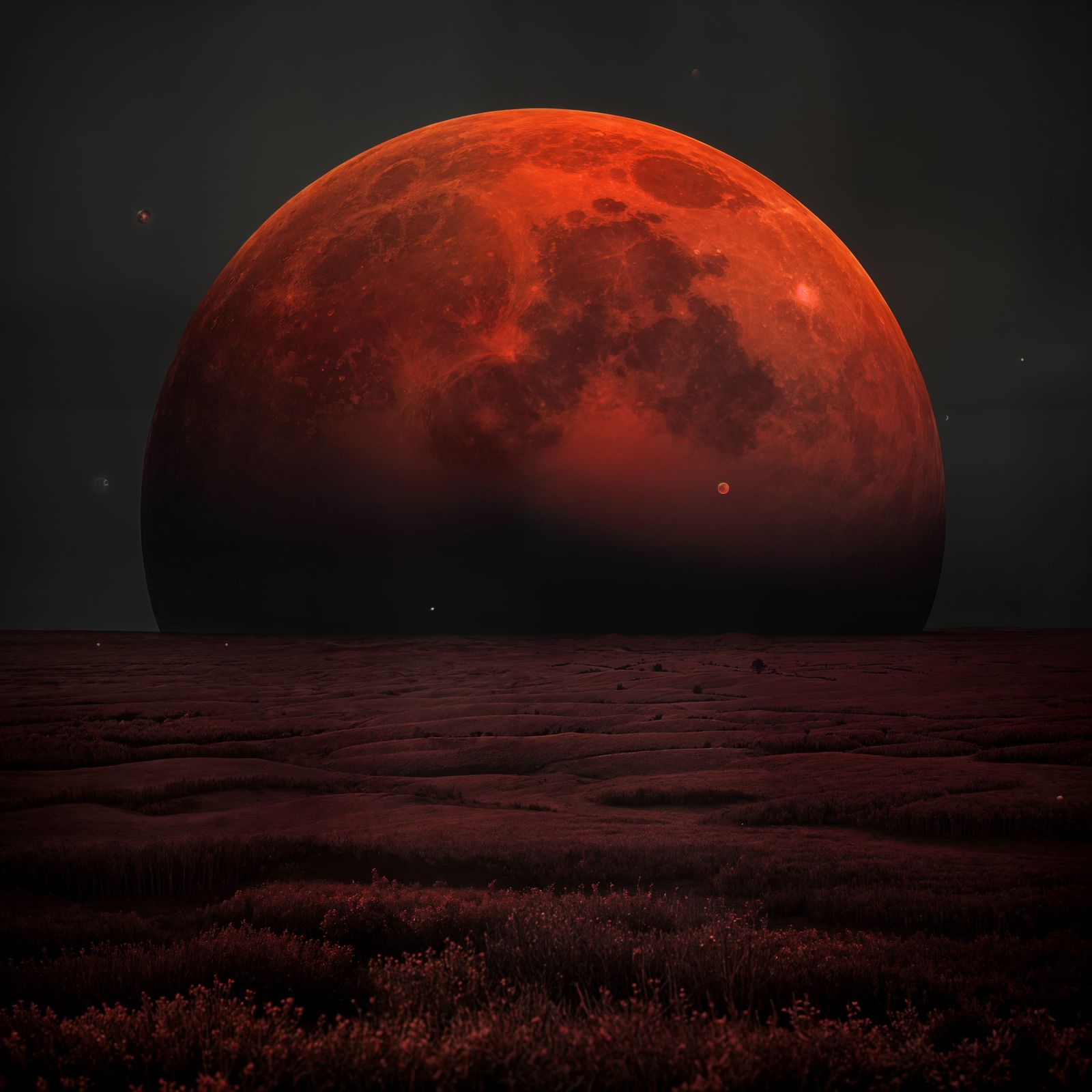 Surreal Blood Moon Illuminates a Misty 3D Landscape