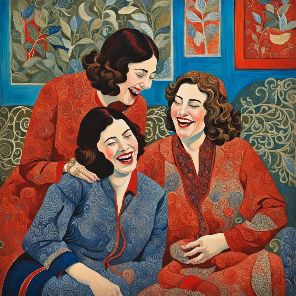 Friends Laughing in Folk Art Illustration