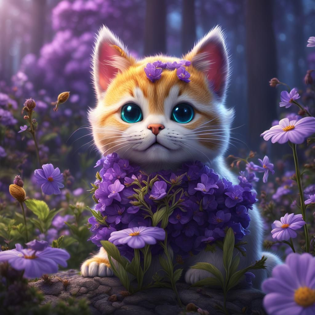 Cat Receives Violet Flower: Detailed Matte Painting