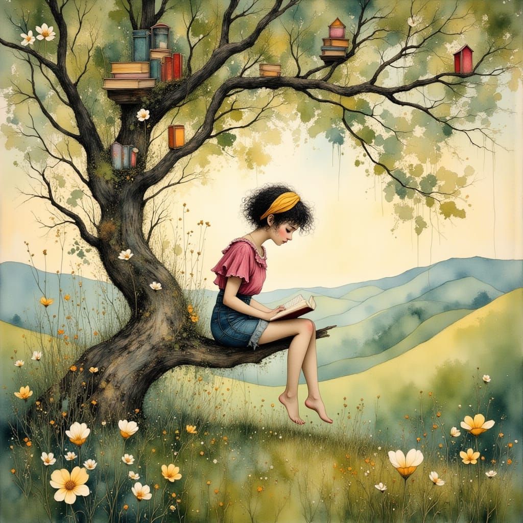 Woman Reading on Book Tree in Whimsical Style