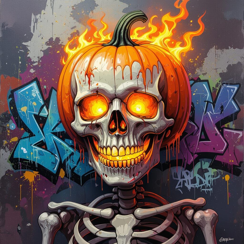 Skeleton With Flaming Pumpkin Head in Graffiti Style