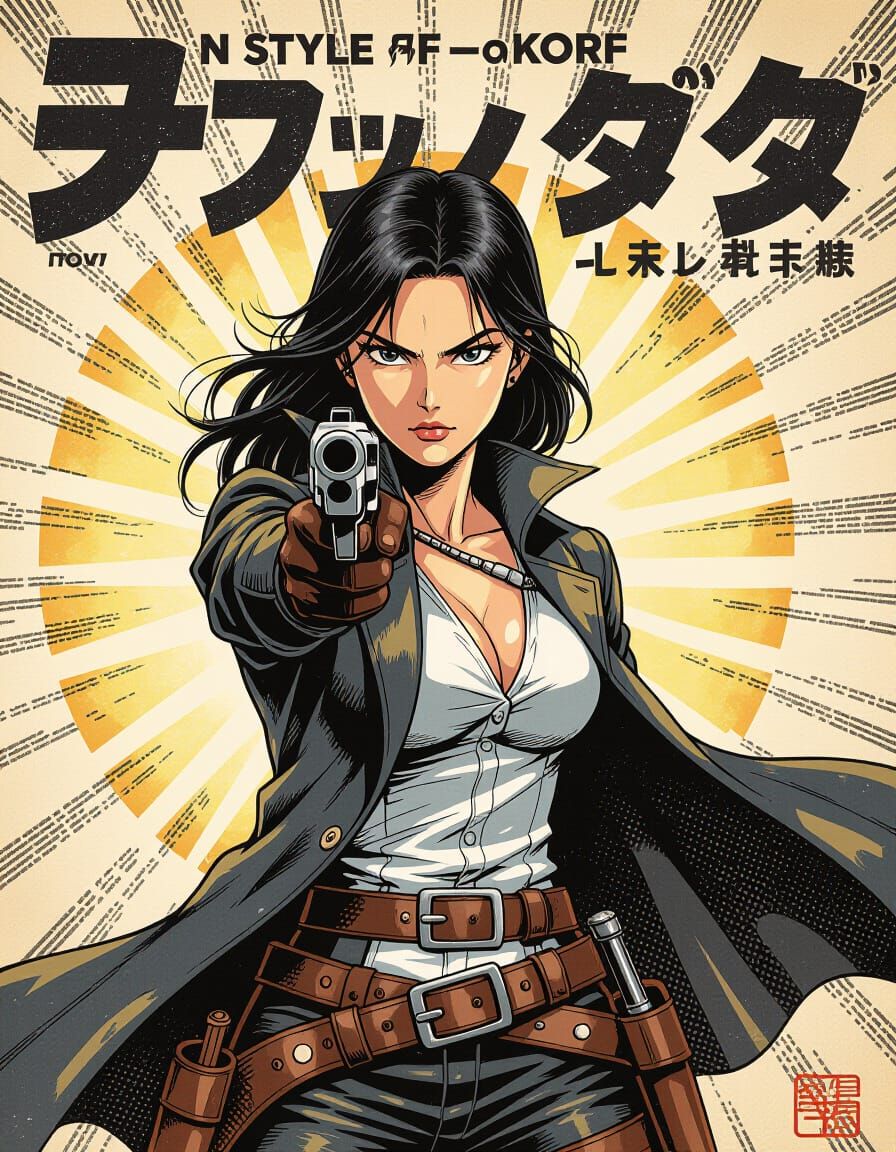 Defiant Asian Gunslinger in Dusty Western Town