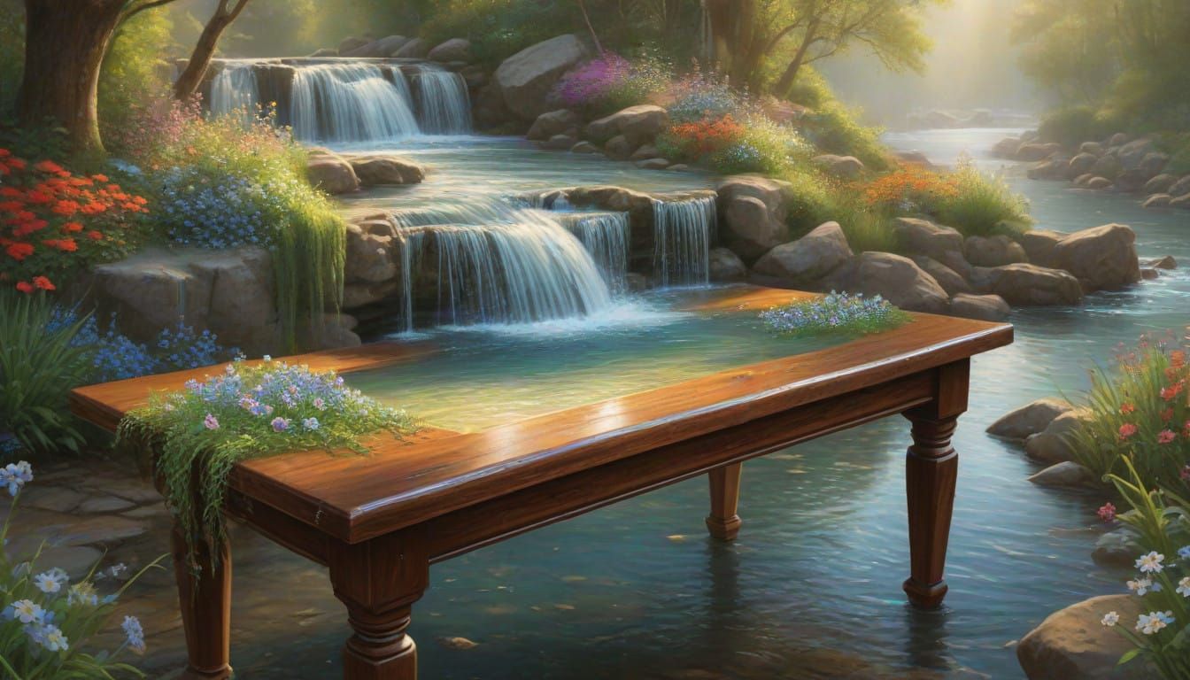 Waterfall on Wooden Table in Dreamlike Quality