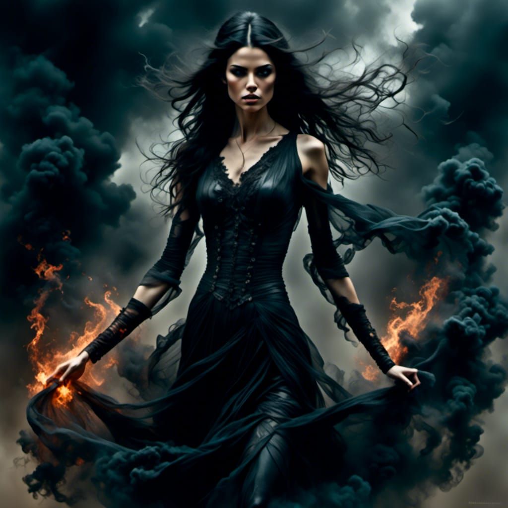 Dramatic Woman Emerges from Smoke as Oil Painting