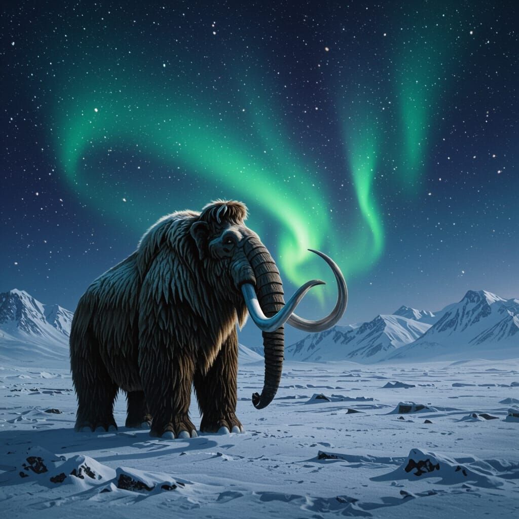 Woolly Mammoth Gazing at Aurora Borealis