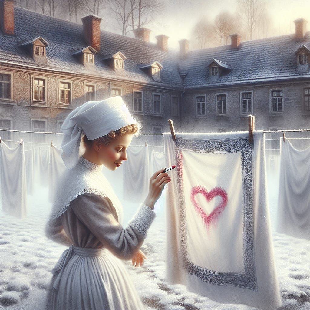 Nurse in Snowy Courtyard: An Oil Painting on Felt