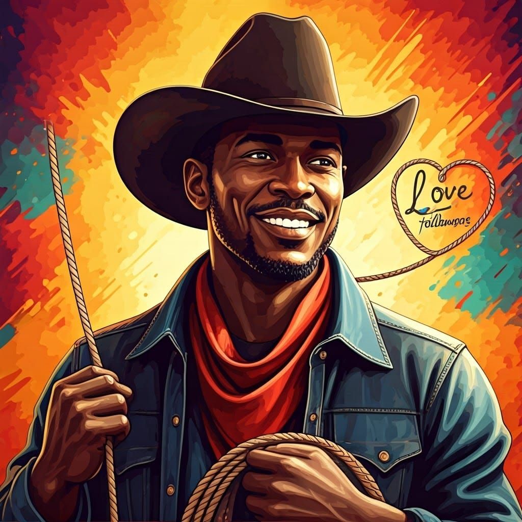 Smiling Black Cowboy with Graffiti Lasso in Street Art