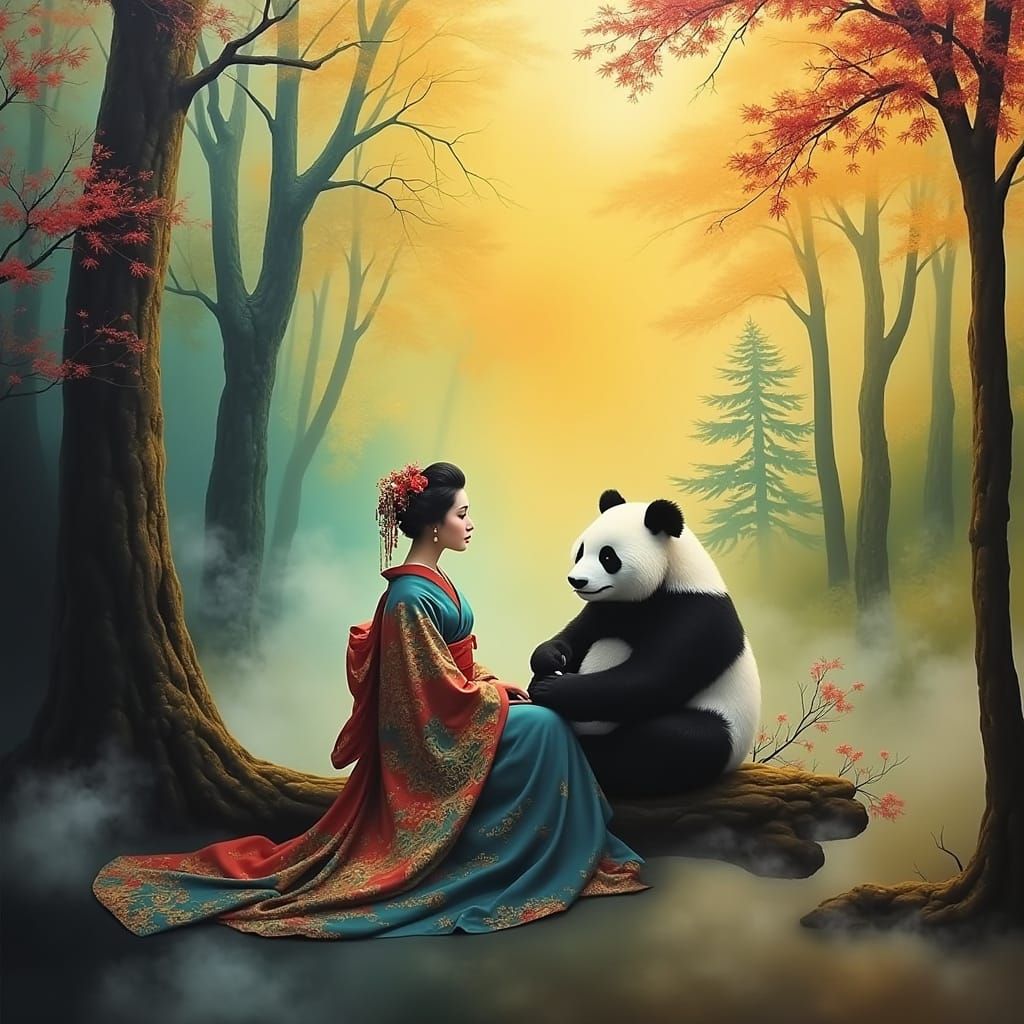 Whimsical Geisha and Panda in Mystical Forest