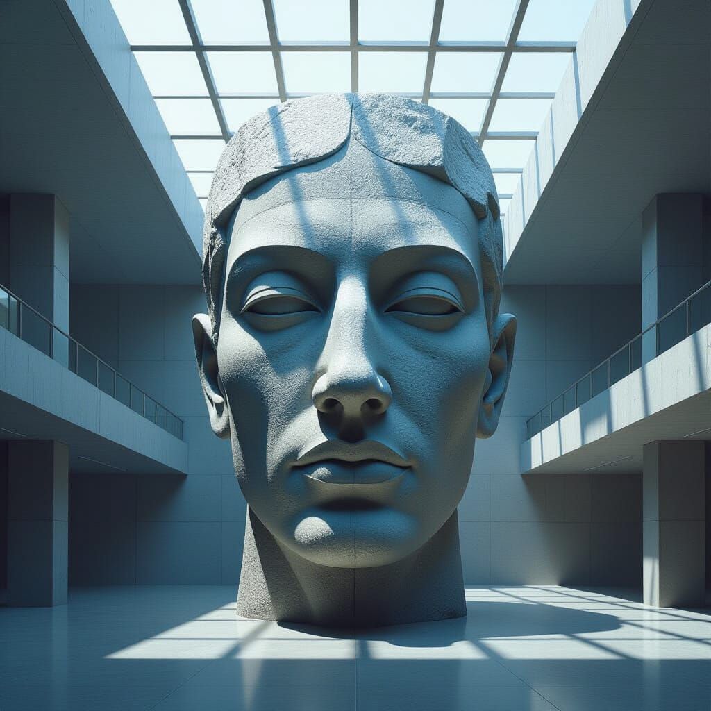 Monumental Stone Head in Minimalist Arena