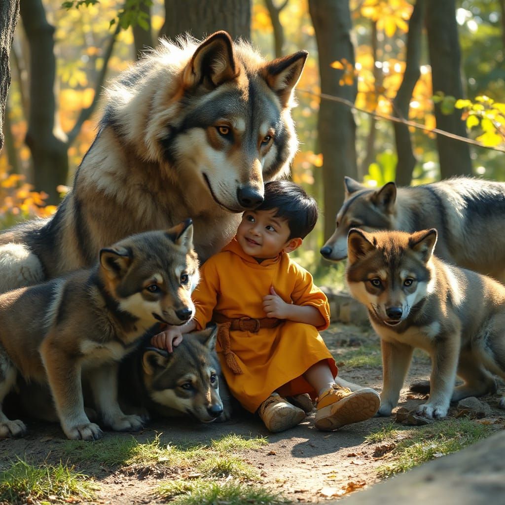 Wolf Mother and Boy in Sun-Dappled Forest