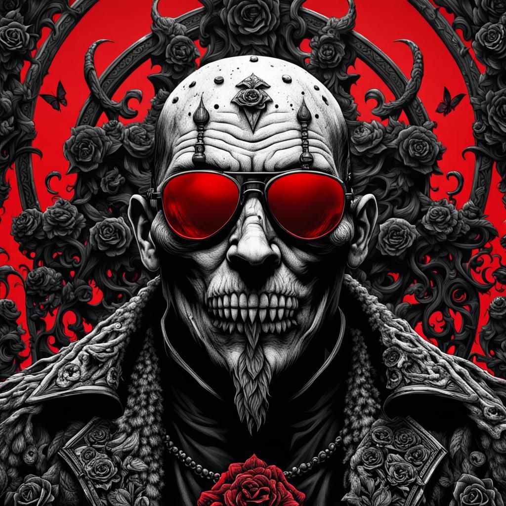 Gothic Psychopath in Red and Monochrome Ink Art