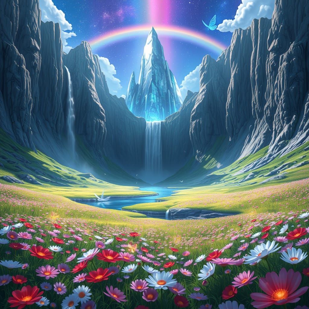 Crystal Meadow with Rainbow and Aurora in 3D Anime Style