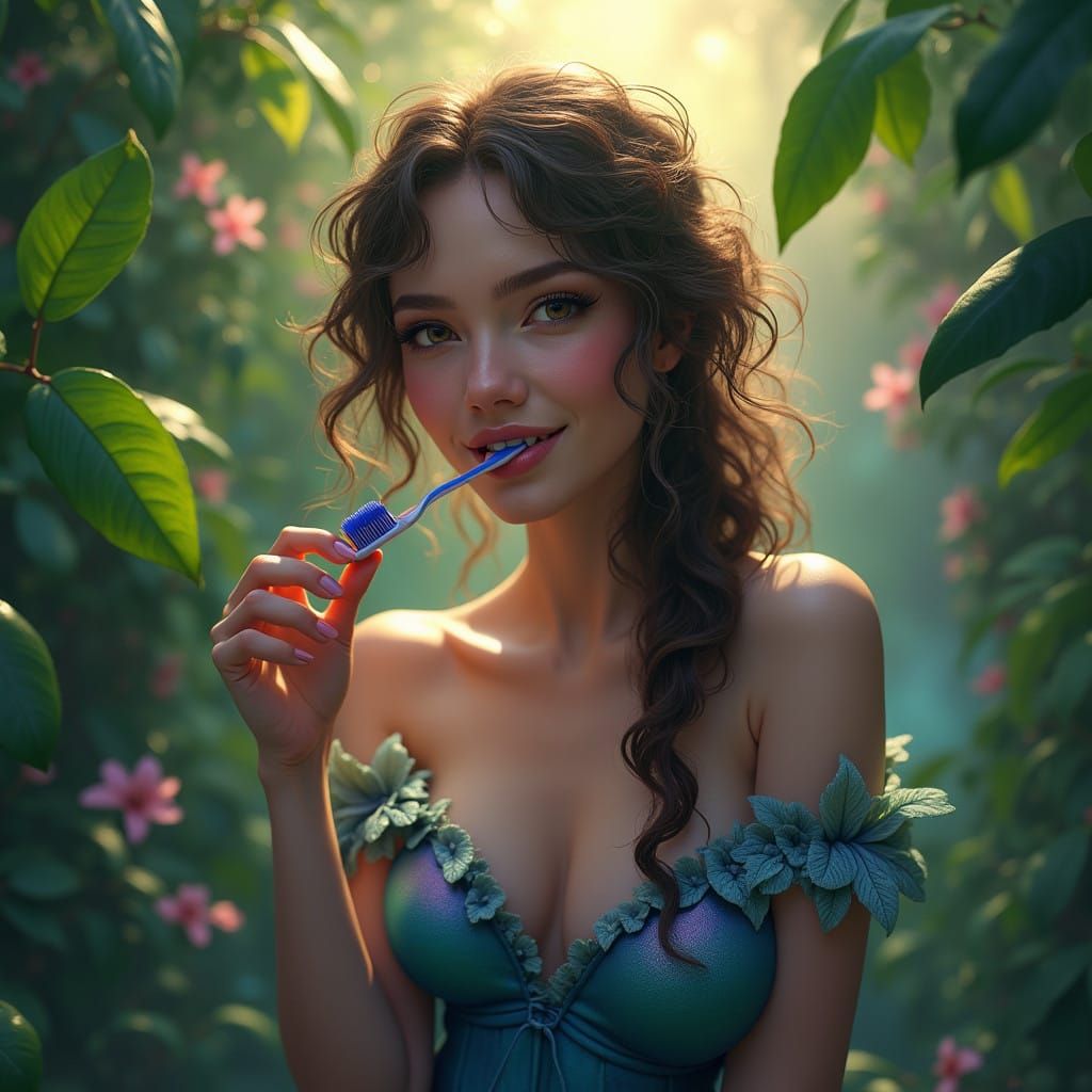 Mystical Woman Surrounded by Vibrant Foliage in a Fantastica...