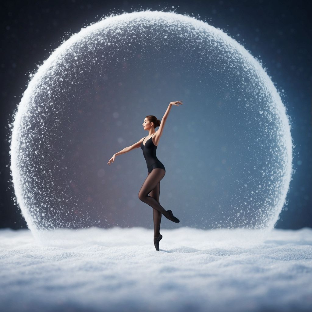 Ballerina Spinning in Snow Dome, Hyperrealistic Splash Art