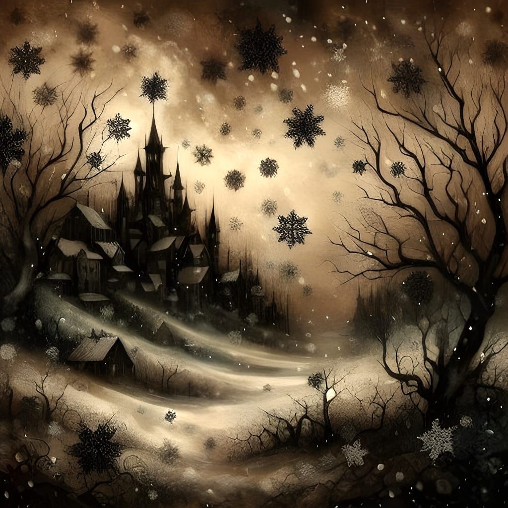 Surreal Dark Fantasy Scene with Black Snowfall