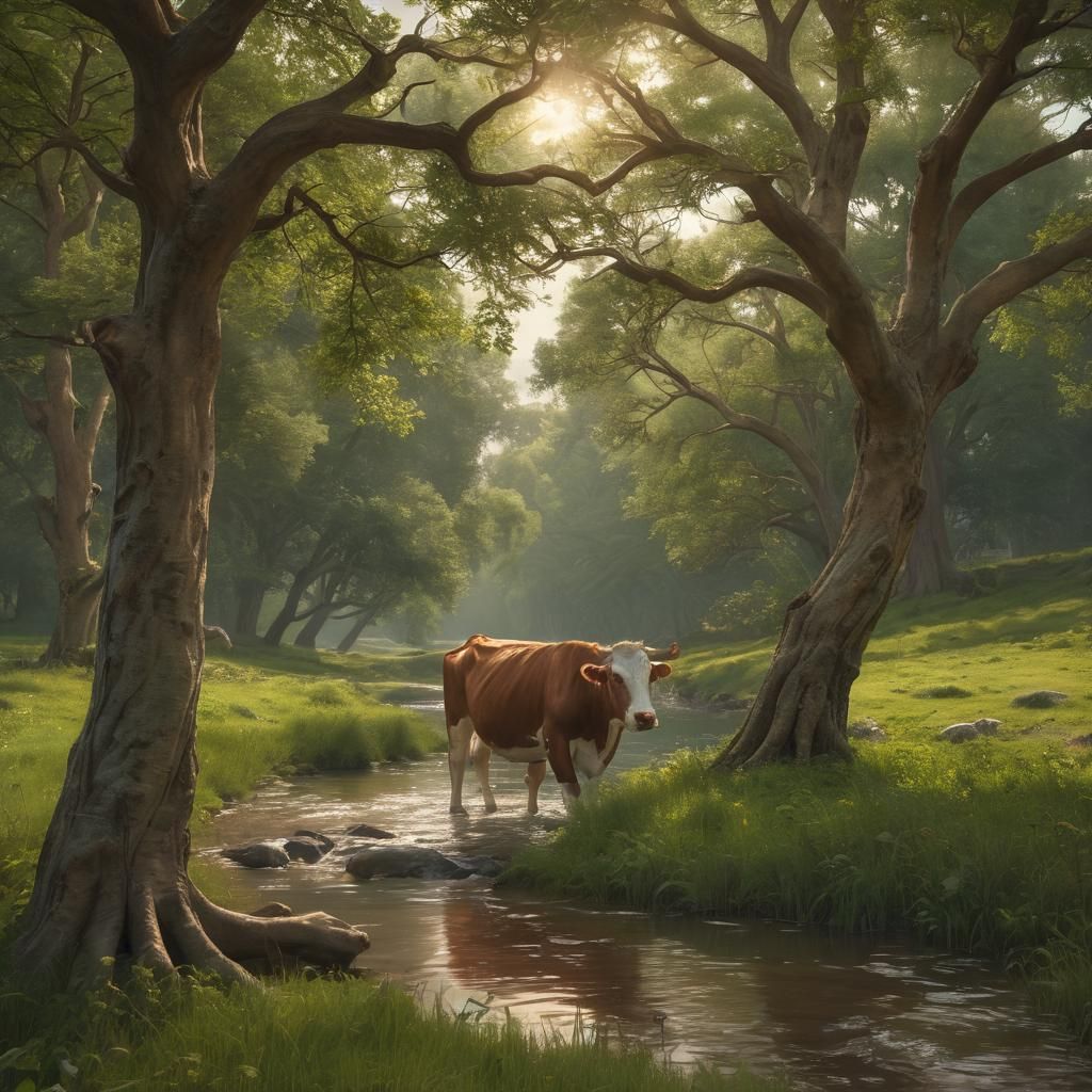 Serene Cow Grazing in Lush Meadow: Hyper-Realistic Digital A...