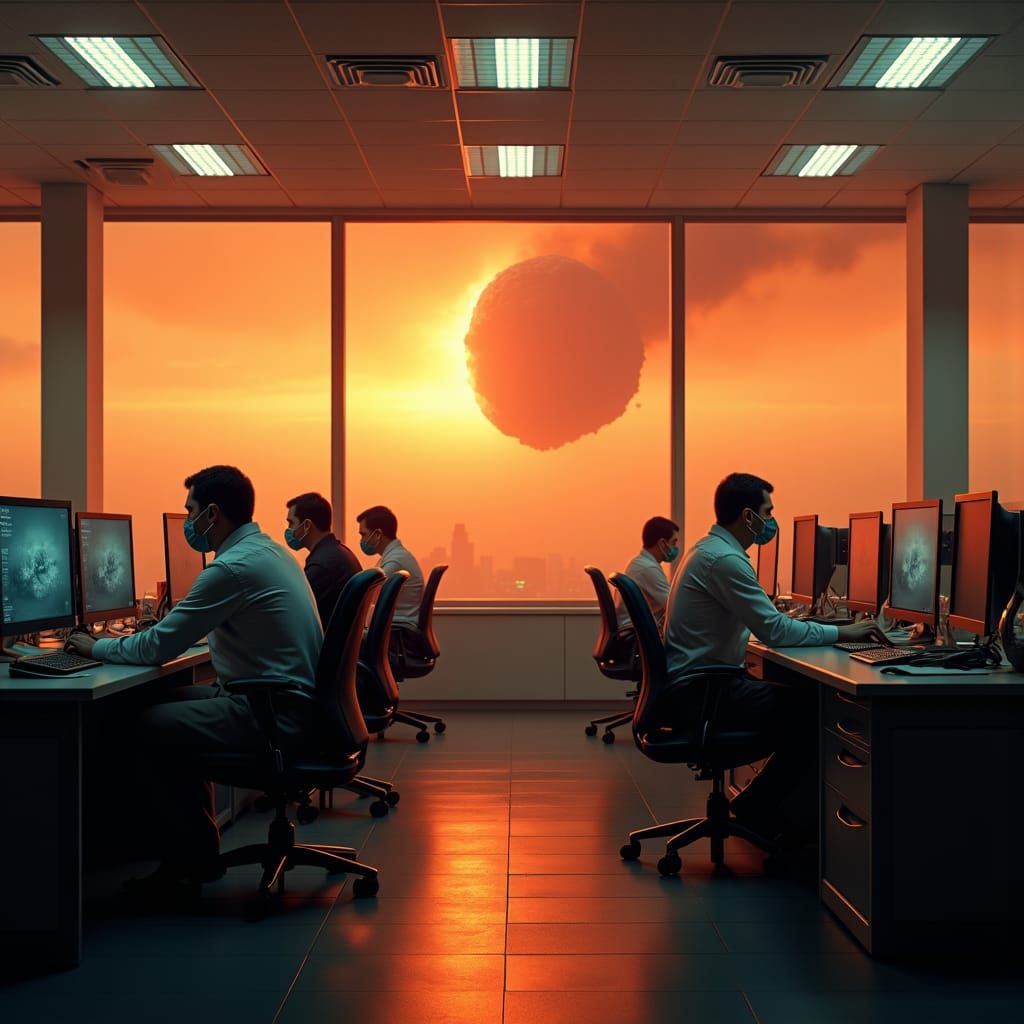 Hyperrealistic Office Workers Ignore Asteroid Impact
