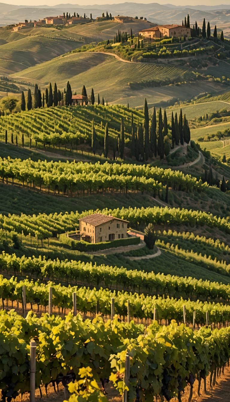 Idyllic Tuscan Vineyard Scene with Luxurious Bed