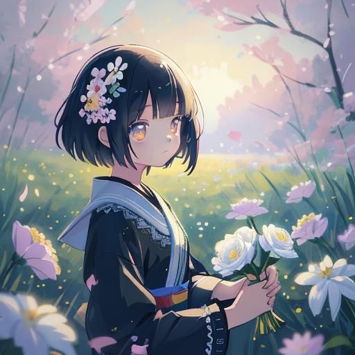 Beautiful Emo Woman with Flowers: Anime-Inspired 3D Art