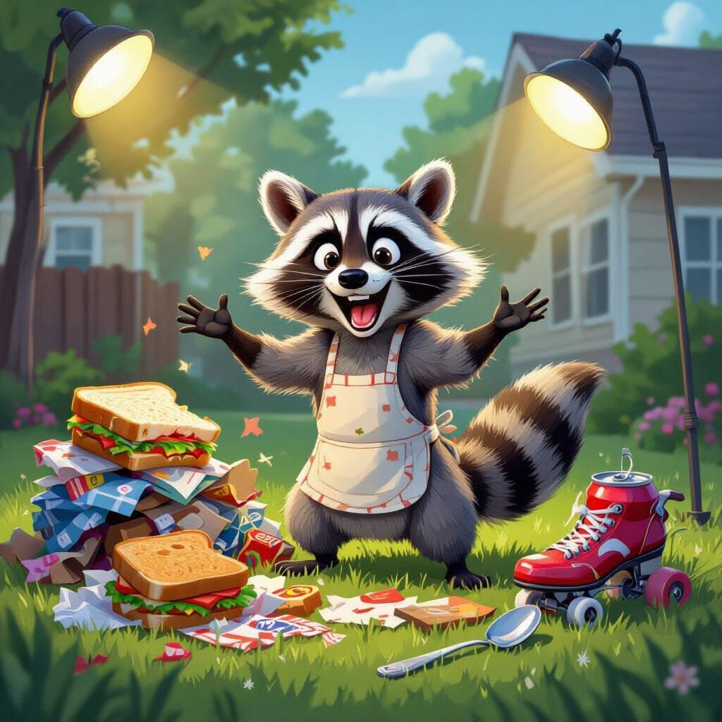 Raccoon Yard Sale of Scavenged Treasures in Cartoon Style