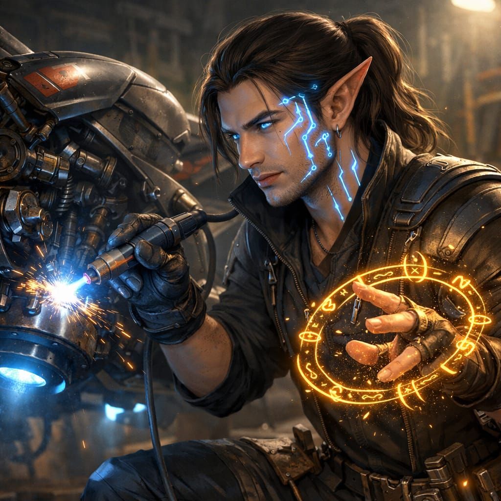 Elven Machinist Repairing Hoverbike with Magic and Plasma