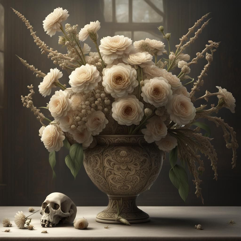 Macabre Floral: Flowers Crawling from Bone Vase