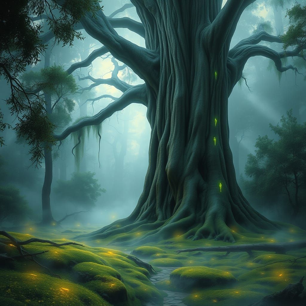 Ancient Glowing Rune Tree in Misty Forest Clearing