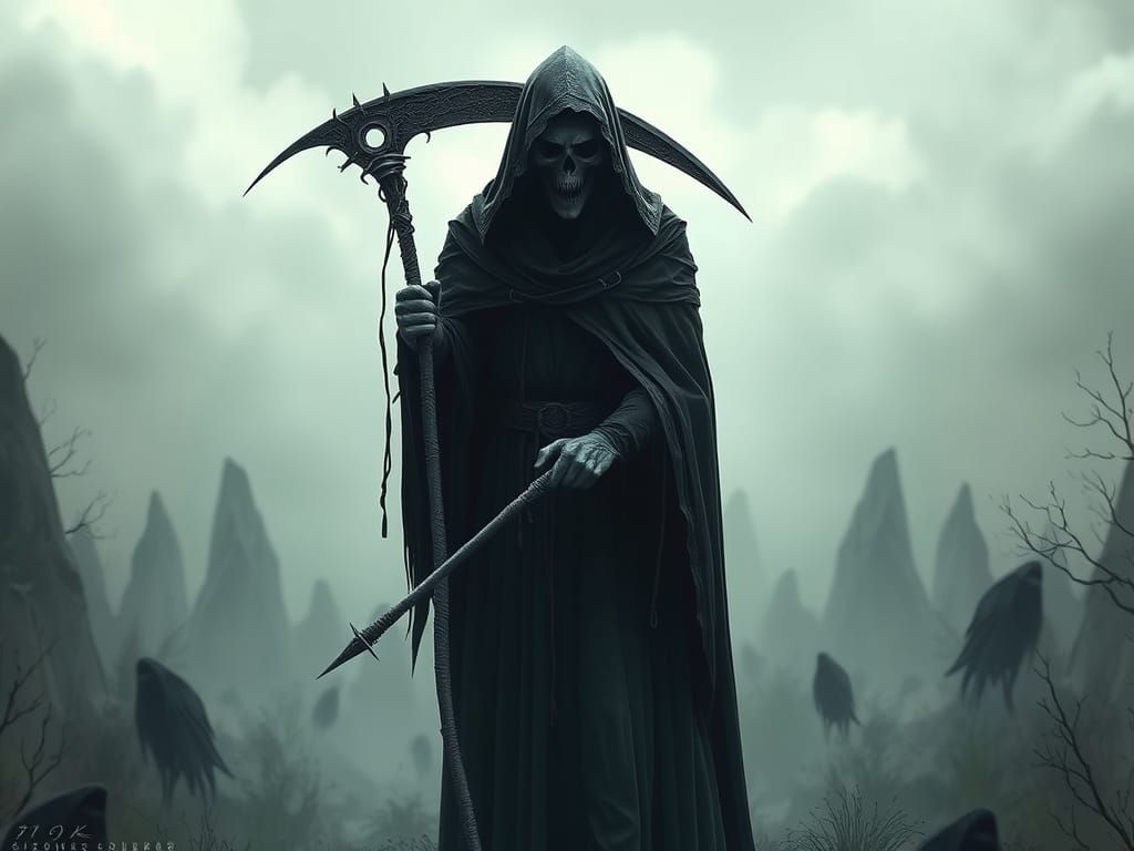 Death Reaper in Eerie Landscape, Dark Art Style