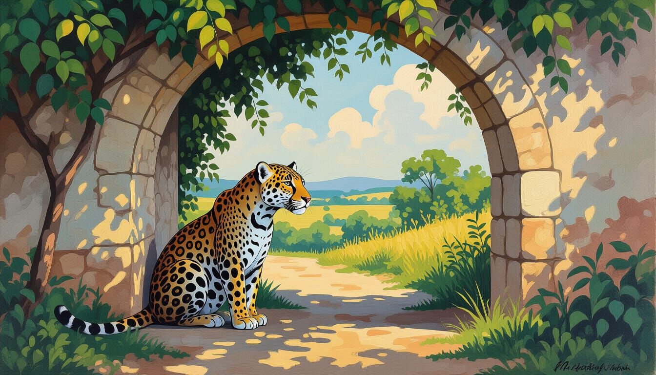 Jaguar Crouching Under Vine-Covered Archway in Gouache Style