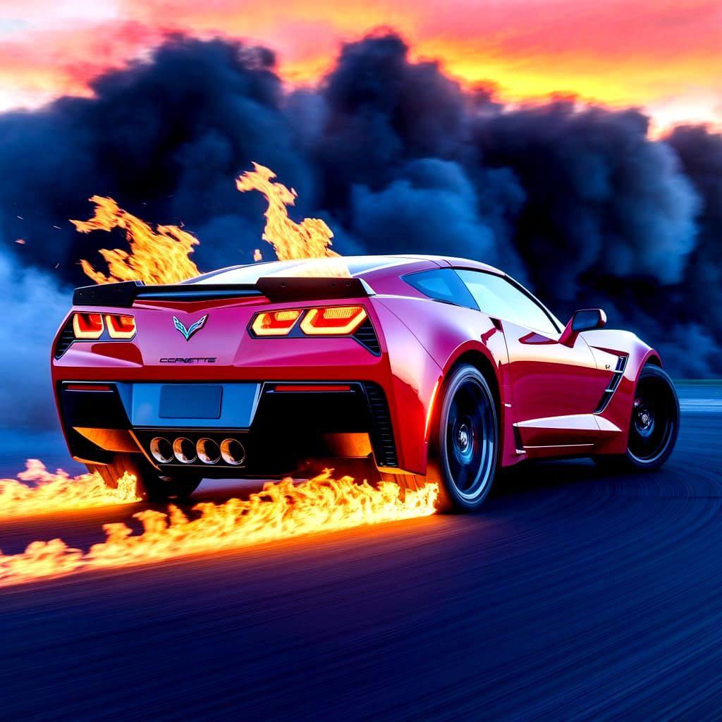 Fiery Red Corvette Stingray Burnout at Sunset