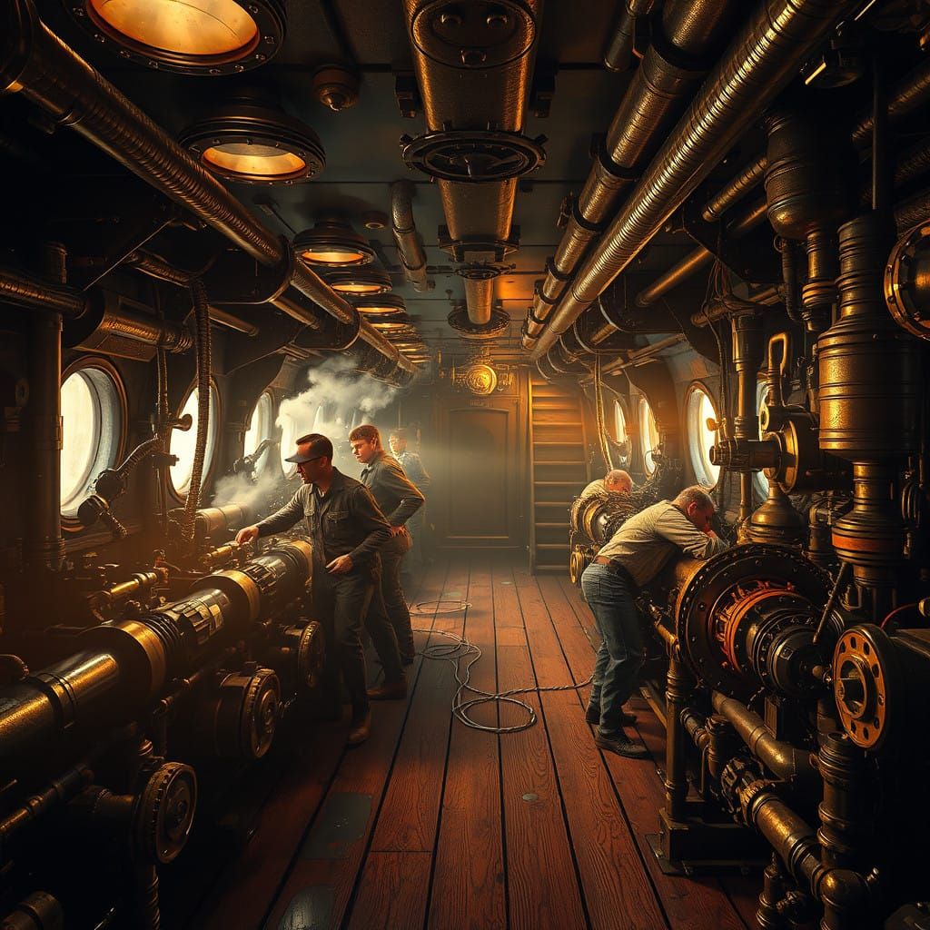 Steampunk Submarine Engine Room with Frantic Crewmen