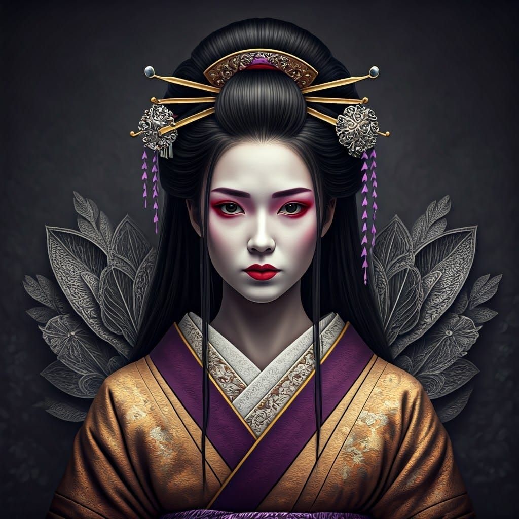Elegant Geisha in Rich, Regal Purples and Golden Accents