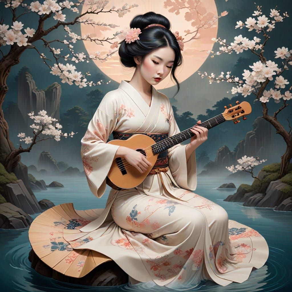 Ethereal Geisha Plays Shamisen in Mystical Landscape